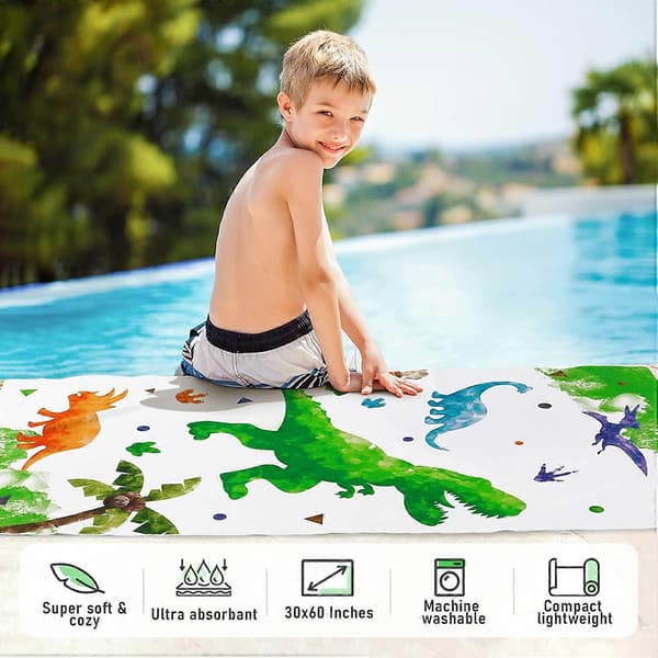 Rantapyyhe - 76 x 150 cm Camping-pyyhkeet (Valkoinen, Dinosaurus C004)