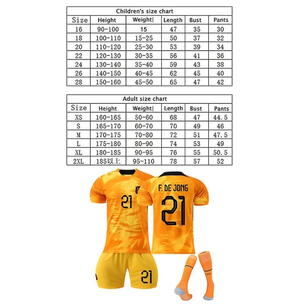 22-23 Dutch Team De Jong fotbollströja #21 T-shirt kostym 28 kids
