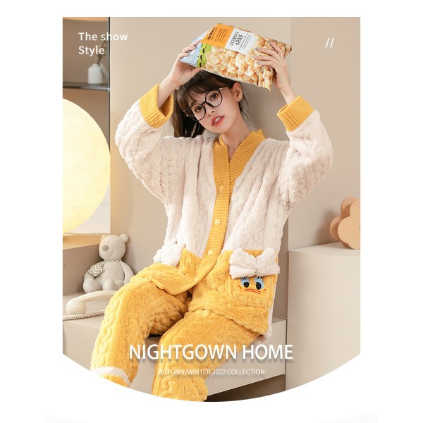Jacquard gul krage ankrock set sammet pyjamas dam långärmad plus sammet tecknad korall sammet pyjamas jacquard yellow M