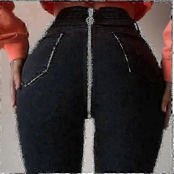 Dam Denim Dragkedja Öppen Rygg Distressed Hög Midja Stuprörsjeans Byxor-lian