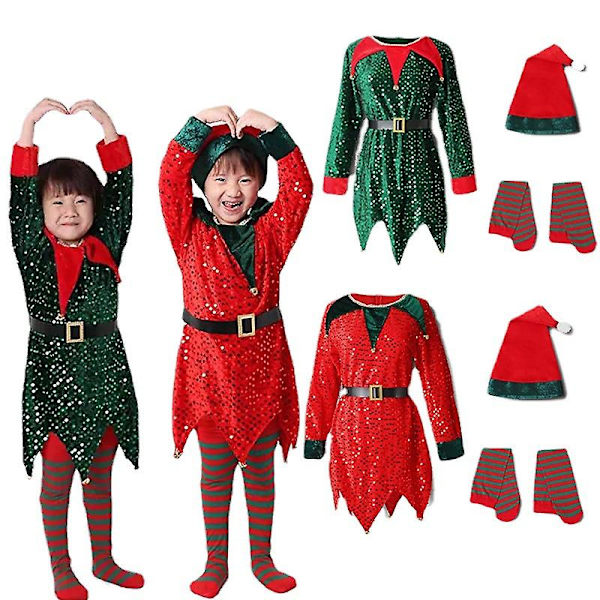 Jultomten Klänning För Flickor Pojkar Elf Cosplay Nyår Glänsande Paljett Grön Röda Kläder Xmas Strumpor Hatt 2023 2 kids 80cm