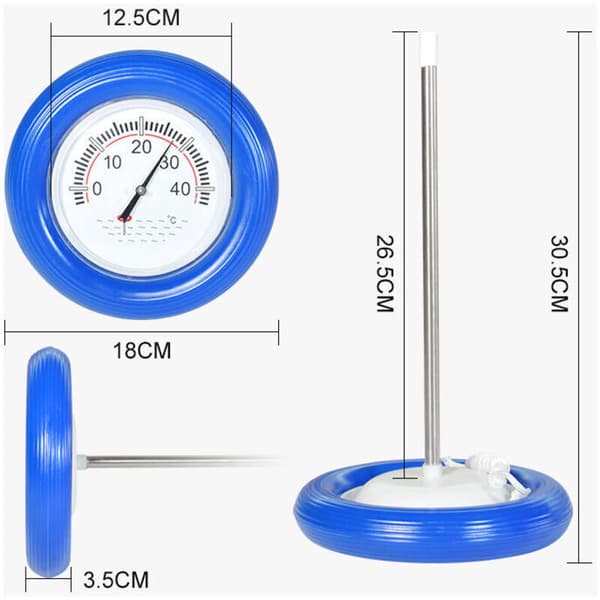 Pooltermometer med blå flytring – Plasthölje – Rostfri sond – Stor 26,5 cm urtavla