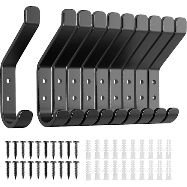 10-pack Väggkrokar för upphängning av jackor: 10 kg stark metallkrok med skruv, individuella hängare för kläder, handdukar, för badrumsdörr, svart 10 cm