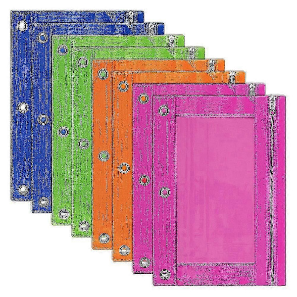 8-pack 3-håls pennfodral, pärmfodral, flerfärgat, pennfodral, klart fönster, för skolmaterial nytt