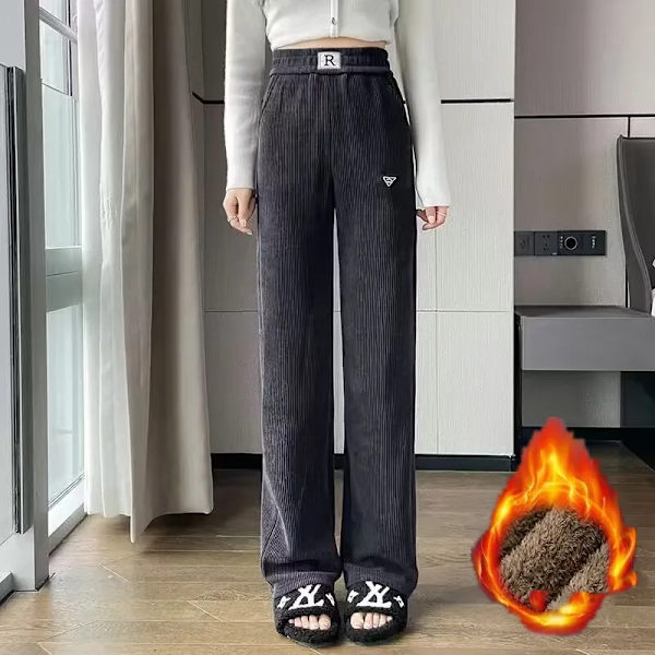 Damer i enfärgad elastisk midja Bokstavsbyxor Höst och vinter Hög midja ficka Rak Casual Byxor med vida ben Grey thin S(42.5-47.5)kg