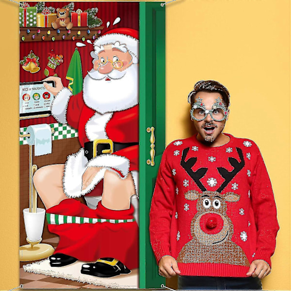 Juldekorationer, Rolig Tomte Toalettdörr Överdrag Tyg Tomte Toalett Bakgrund Banner För Juldörrsdekorationer,-jie