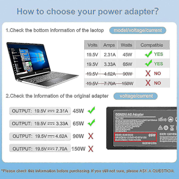 65W 19.5V 3.33A AC-virtalähde HP Pavilion X360 11 13 15, Zbook 14u G4 G5 15u 15 G3, 15-f111dx 15-f211wm 15-f233wm 15-f278nr 15-r052nr 15-r132wm -malleille