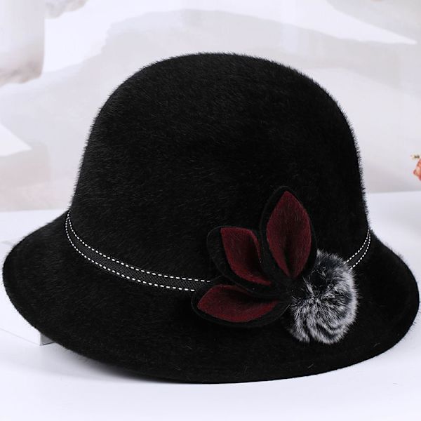 Elegant damefilt hat, stilfuld blomstret bowlerhat til efterår/vinter