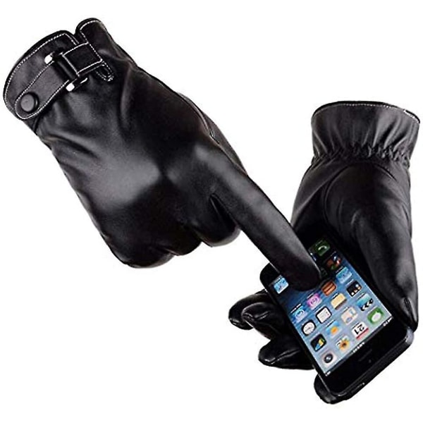 Sms-handskar i skinn för män med pekskärm Vintervarma svarta mjuka handskar Cashmere M