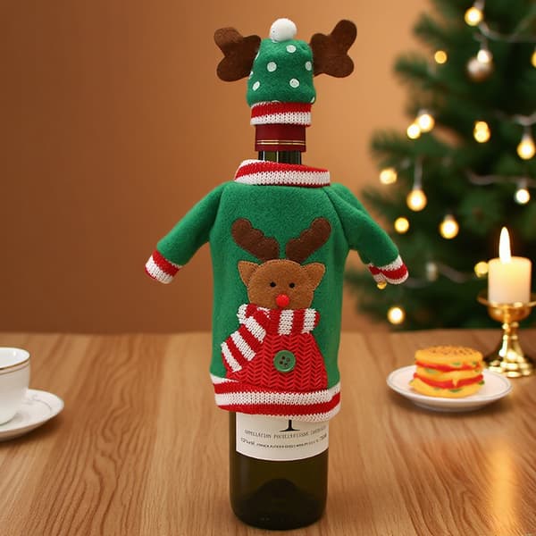Tre sett med strikkede julevinflaske-trekk, julepynt