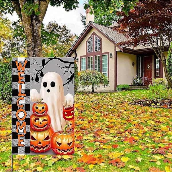 1 stk. Velkommen Hageflagg 30x46 cm Dobbeltsidig for Utebruk, Halloween Hageflagg for Utendørs Dekor, Gresskar Skummelt Hageflagg Verandadekorasjoner