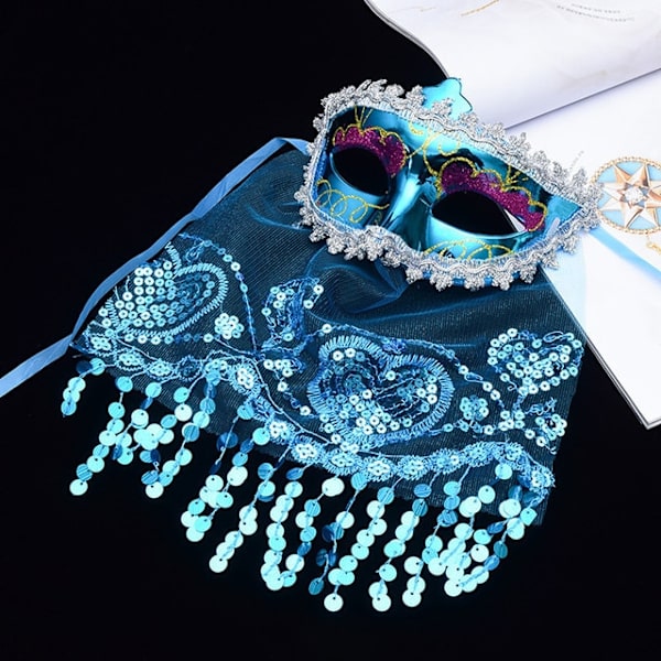 Kostym slöja mask sexig dam bal diamant venetiansk mask bröllop Blue