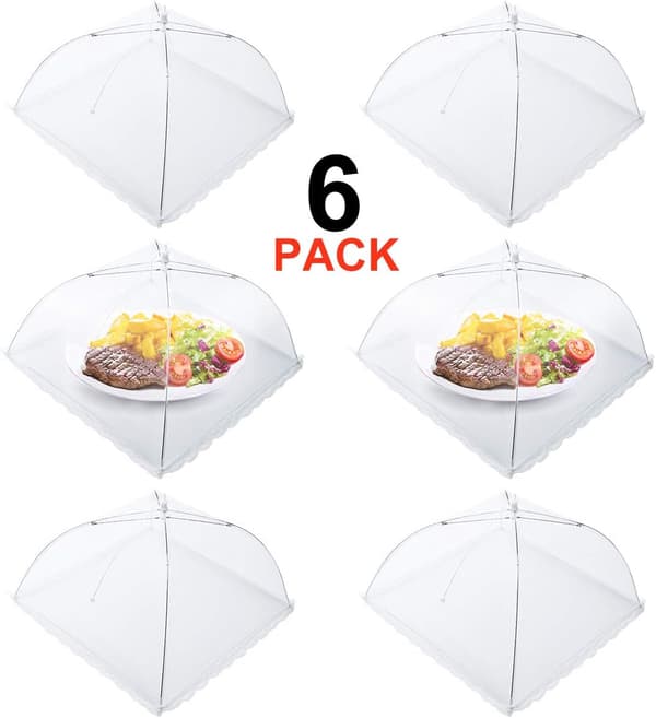 Flughuva, Set med 6 Mattskydd, Vikbart Kakskydd Flugparaply Mattskydd, Perfekt Flugskydd för Mat, Frukt, Picknick, Grillning, 45x45cm, Vit