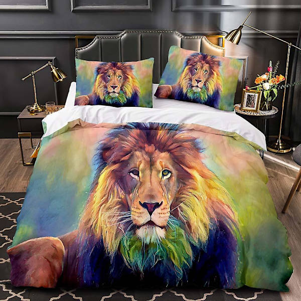 Lion King Queen Cover Akvarell Djur Sängkläder Set För Barn Tonåringar Vuxna Färgglada vilda djur 2/3 st polyester cover