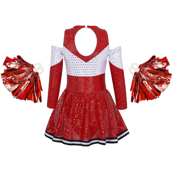 Barn Flickor Cheerleader Kostym Uniform Set Off-shoulder glänsande paljetter Klänning med 1 par blombollar Set för cheerleading dans 12 Red