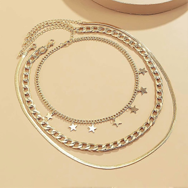 Punk Lagdelt Halskæde Guld Stjerne Slangeben Led Multilayer Choker Halskæder Lagdeling Papirclips Halskæde Kæde Smykker til Kvinder Piger