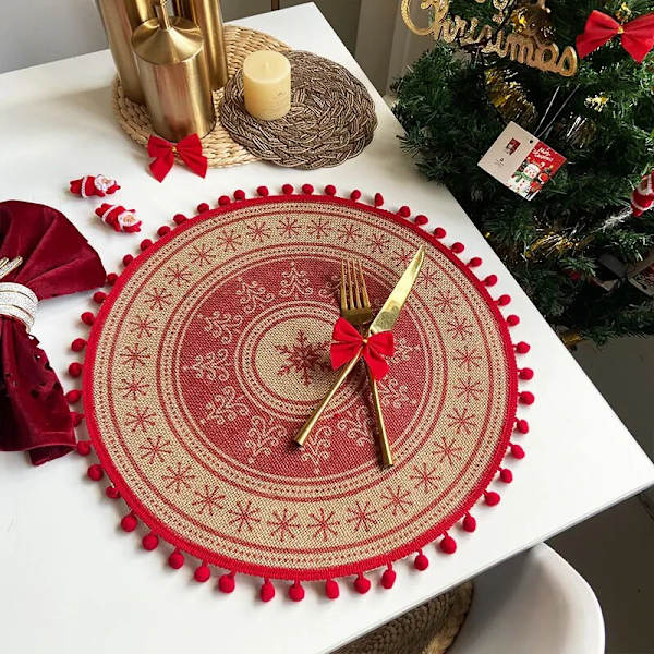Jul Köksunderlägg Snowflake Älg Vävd Bordsmatta Printed Pom Pot Isoleringsmatta Retro Servett Bomull Linne Dekorativ matta 5 38cm