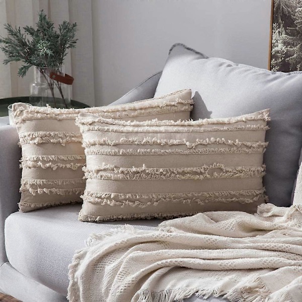 Set med 2 dekorativa Boho prydnadskuddfodral linne randigt jacquardmönster kuddfodral för soffa vardagsrum sovrum 30x50 cm beige
