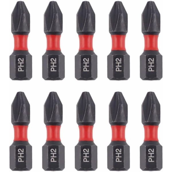 Sæt med 10 Bull Bits 25mm PH2 slagskruetrækkerbits – Phillips #2. Shock Zone. S2 stål. Torsionszone