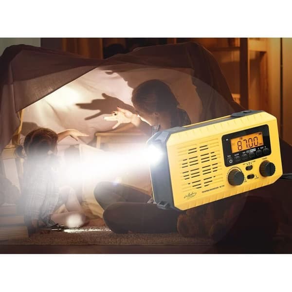 Aurinko- ja dynamokäyttöinen taskuradio LCD-näytöllä