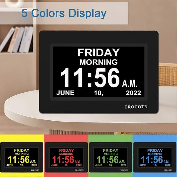 Digitalt ur med dato og uge, kalender med ugedagsdisplay (7 tommer sort)