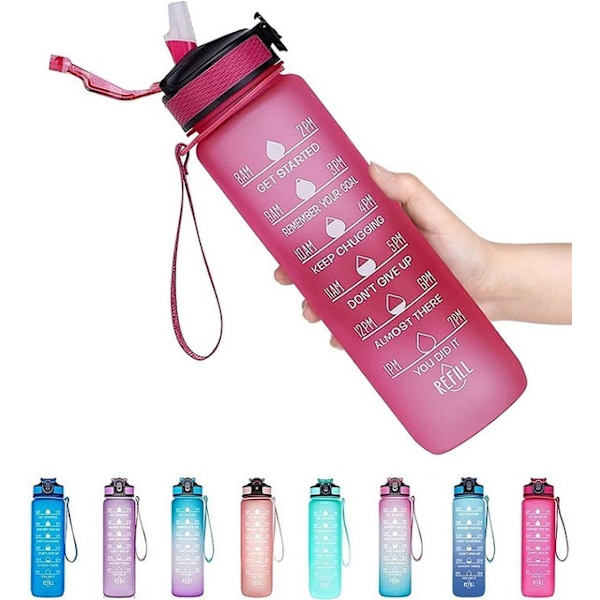 1 liters plastvattenflaska med sugrör och tidsmarkör pink