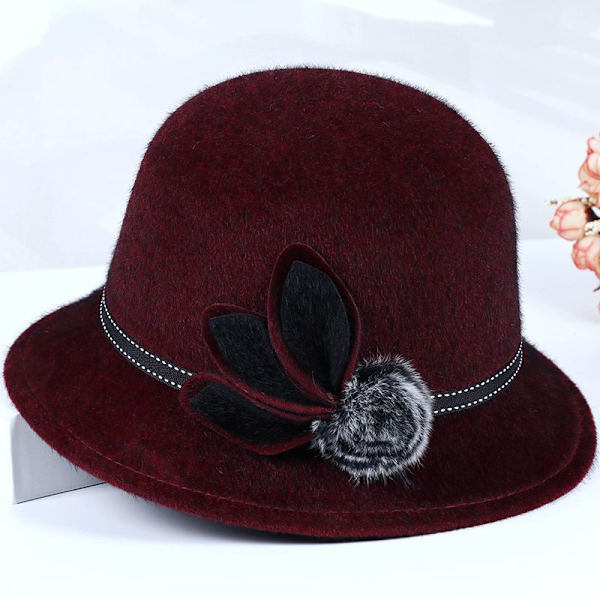 Elegant damefilt hat, stilfuld blomstret bowlerhat til efterår/vinter
