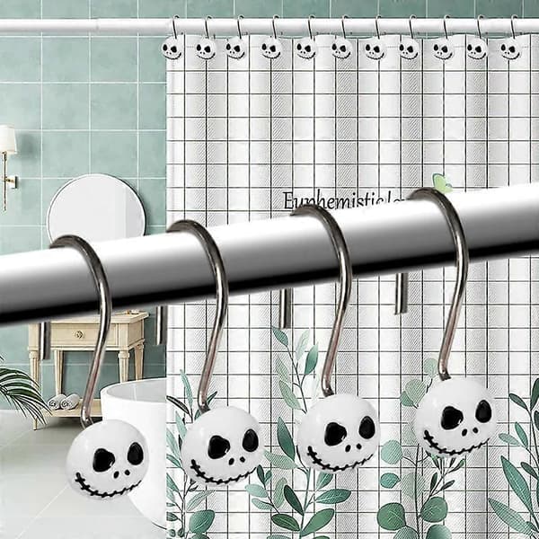 Modern design duschdraperikrok för duschen, duschdraperikrokar i set om 12, vit/silver metall och plast duschring