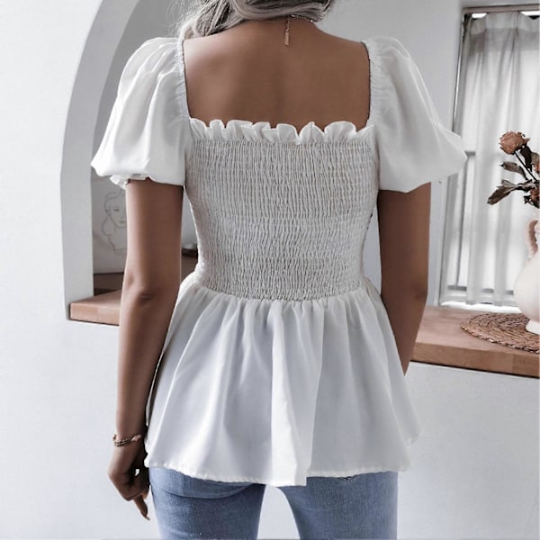 Dame Topp Firkantet Hals Kort Puff Erme Casual Volang Kant Bluse Smock Polyester for Sommer Hvit XL