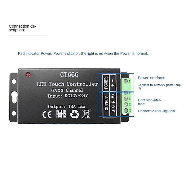 GT666 RGB LED LED Strip Kontroller Trådløs RF Touch Fjernkontroll DC 12V 24V 18A 3 Kanaler Lys Tape Di