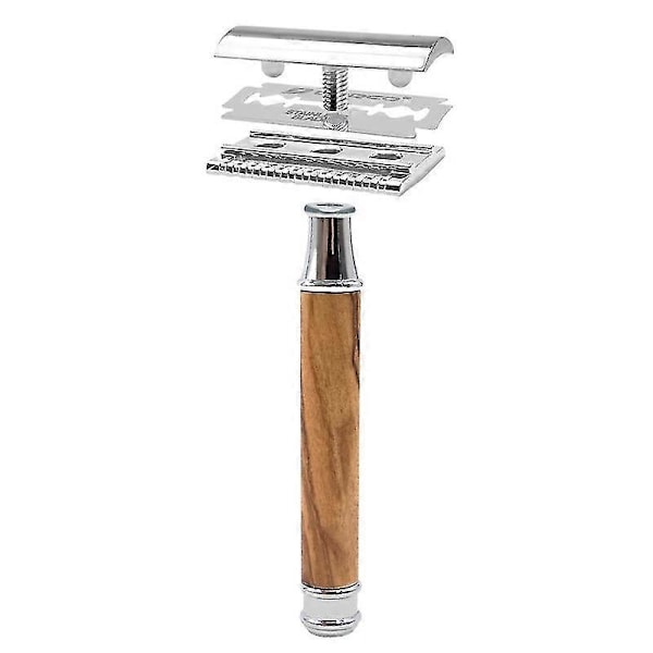 Vintage Dobbeltsidig Barberhøvel Vintage Manuell Barberhøvelholder Naturtre Oliven Tre Kobberhåndtak