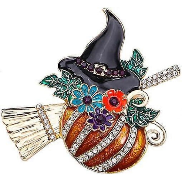 1 stk Rhinestone Græskar Heks Hat Broche Nål til Kvinder Piger Guldbelagt Mode Emalje Krystal Blomst Blad Kost Halloween Brocher Delikat Kjole Tilbehør