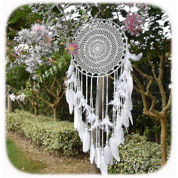 Stor Bohemisk Drömfångare Vit Fjäder Macrame Väggdekoration Vintage Bröllop Heminredning 35cm Cirkel 115cm Lång