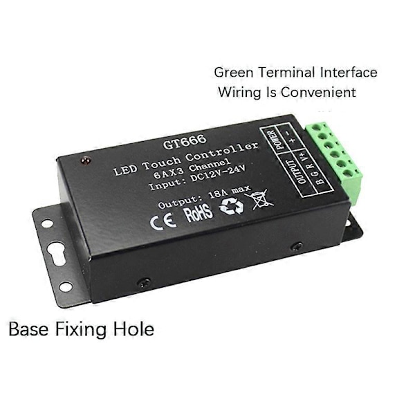 GT666 RGB LED LED Strip Kontroller Trådløs RF Touch Fjernkontroll DC 12V 24V 18A 3 Kanaler Lys Tape Di