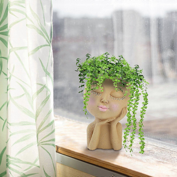 Slutna Ögon Figur Skulptur Resin Planter Tecknad Docka Vas Kreativ Blomkruka, 100% Ny
