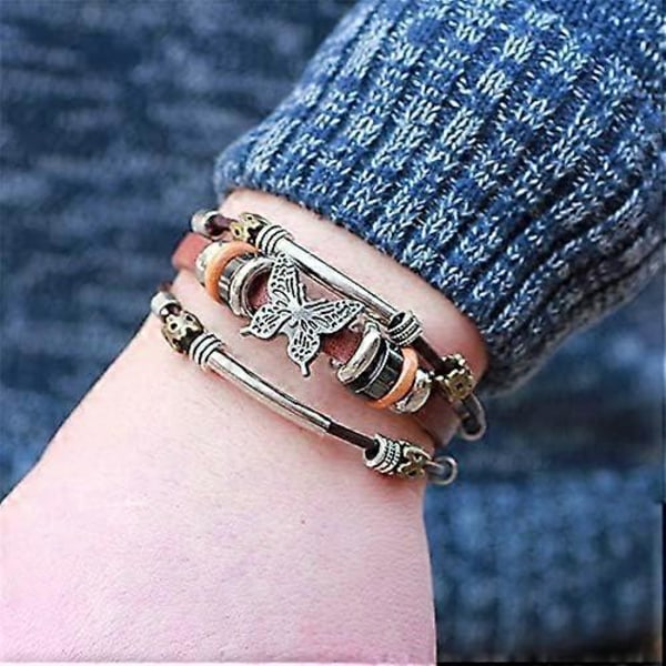 Boheme Læderarmbånd til Mænd og Kvinder Vintage Punk Legering Sommerfugl Nøgle Justerbar Perlebesat Wrap Multilayer Flettet Manchet Armringe Armbånd Håndled D