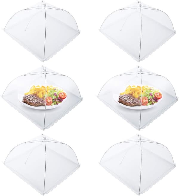 Flughuva, Set med 6 Mattskydd, Vikbart Kakskydd Flugparaply Mattskydd, Perfekt Flugskydd för Mat, Frukt, Picknick, Grillning, 45x45cm, Vit