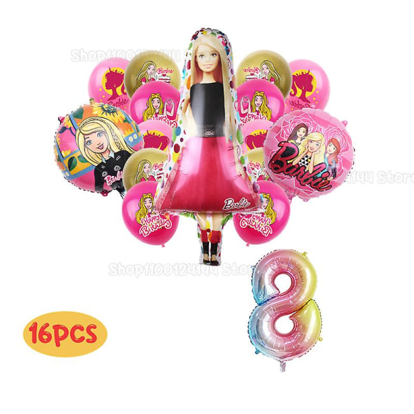 Barbiee Doll Födelsedagsfest Dekorera Tillbehör Rosa Tjejtema Bordsservis Kopp Tallrik Ballong Baby Shower Prinsessan Festdekor Presenter 16pcs set 8