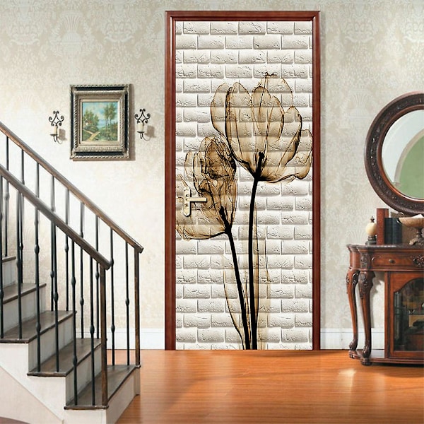 Hibiskus tegelstensmönster 77x200cm 3D Dörrdekal Vinkällare Fototapet Trompe l'oeil Väggdekaler PVC Vattentät Tapet för Sovrum Badrum Kök