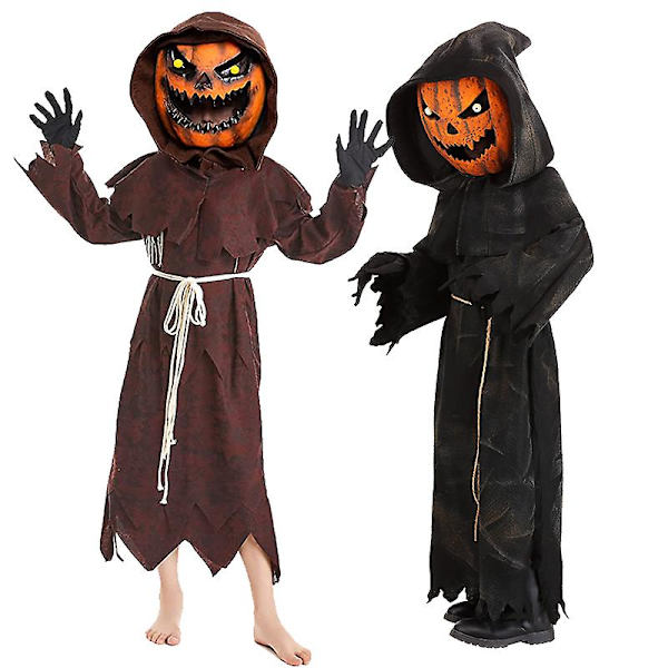 Boy Pumpkin Grim Reaper Halloween kostym Barn Skrämmande Fågelskrämma Pumpkin Bobble Head Dräkt Black 10-12 Years Old