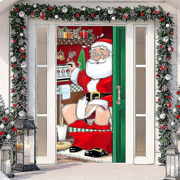 Juldekorationer, Rolig Tomte Toalettdörr Överdrag Tyg Tomte Toalett Bakgrund Banner För Juldörrsdekorationer,-jie