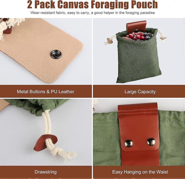 Canvas Bushcraft Väska, 2-pack Vikbara Canvas Läderfoderpåsar, Svampplockningsväska för Midjan, Bushcraft Väska för Camping, Vandring, Skörd