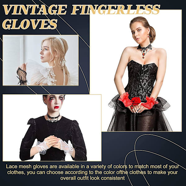 3 par Halloween korta fingerlösa handskar Goth spetshandskar viktoriansk nätpresent