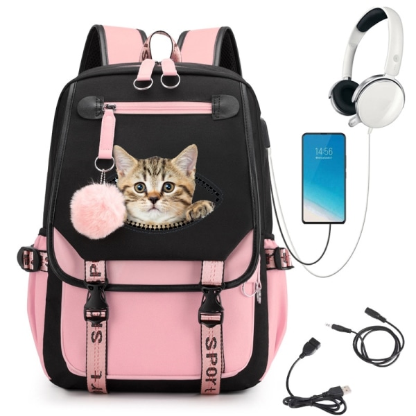 Kawaii Cat Print Ryggsäck Teen Girls Student Skolväska Satchel Mochila 1