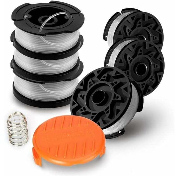 6-pakning A6485/A6481 spoler for Black & Decker gresstrimmer. 6 x 9 m nylontråd. 1,65 mm diameter + 1 hette + 1 fjær