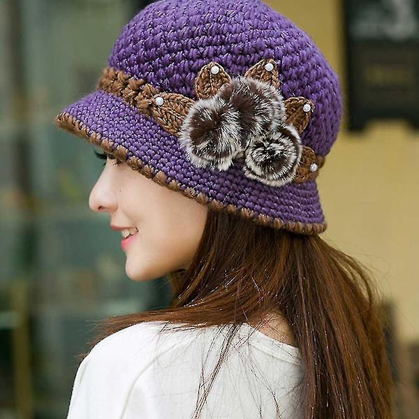 5 färger Vinter Varm Casual Vacker Ull Virkade Stickade Blommor Dekorerade Öron Hattar Mode Dam Dam Vinter Varm Virkad Stickade Blommor Dekorera Purple