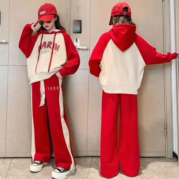 Flickor 2023 Ny Höst Vår Mode Långärmad Luvtröja+Byxor 2st Kostymer 5-14 år Teeange Casual Outifts Barnkläder Set Red 5-6T 120