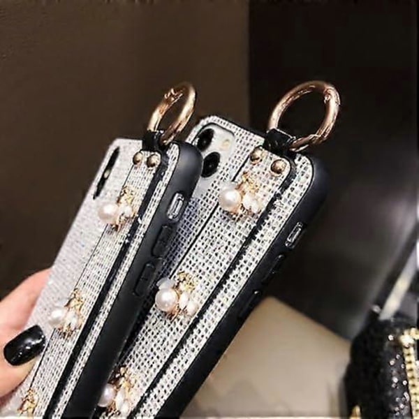 Kompatibel med iPhone 16 Pro Max Bling Ställhållare Fodral Lyxig Handrem Glitter Diamant Bi Handledsstöd för Kvinnor Flickor Stöttåligt Skydd