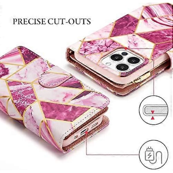 Wallet Case til iPhone 16 Pro Max, PU Læder Etui Magnetisk Lukning Håndtaske Lynlåslomme Etui Støtteben Kort Slots med Håndrem Marple Flip Etui f