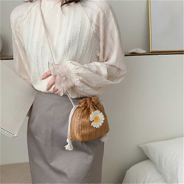 Strå strandtasker med snøre, blomsterbroderi, dametasker med blonde crossbody til rejser, hvid